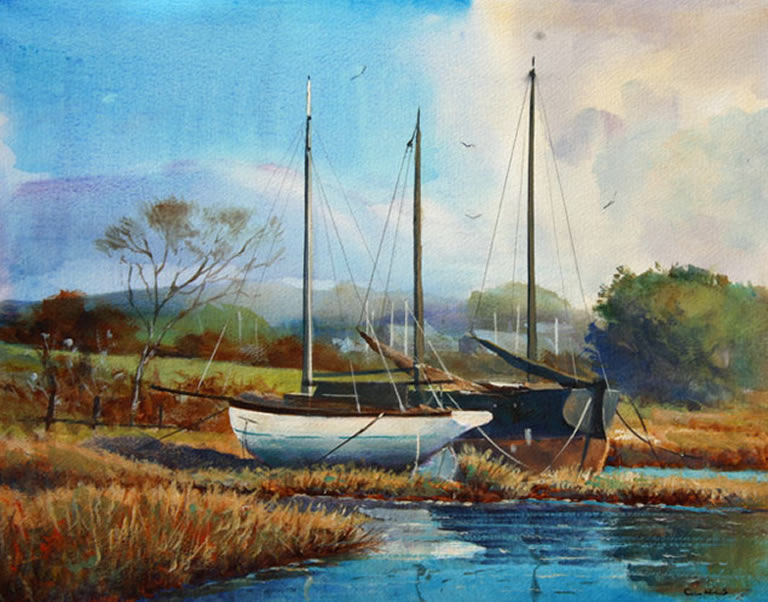 Boats at Gweek; Acrylic - 15.5 x 12 inches Boats at Gweek